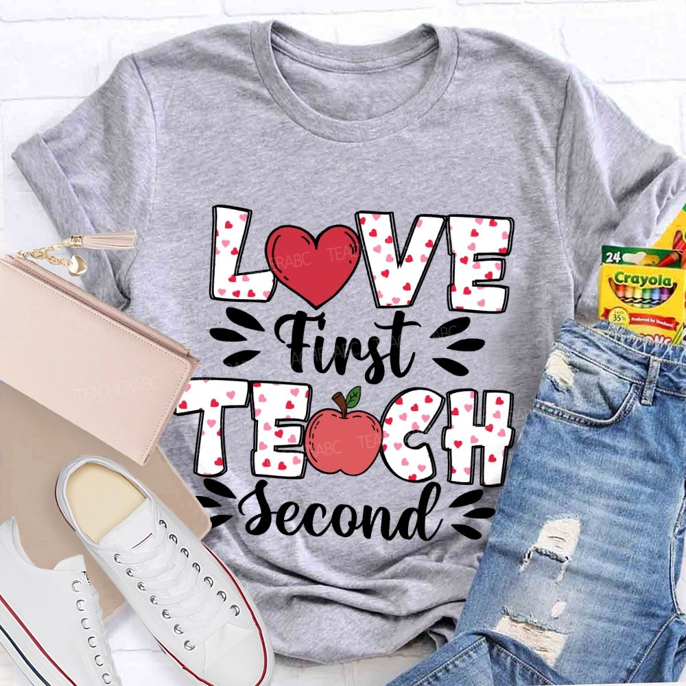 Love First Teach Second Pink Heart Apple T-shirt