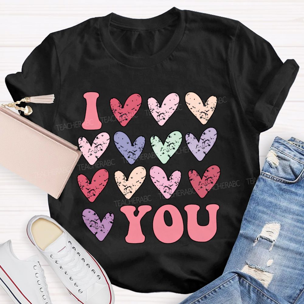 I Love You Colorful Hearts Print T-shirt