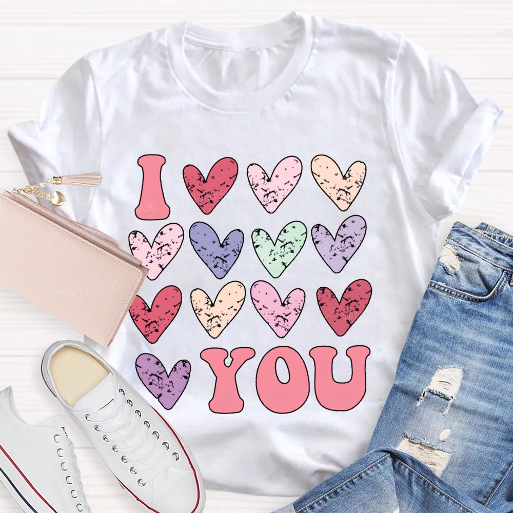 I Love You Colorful Hearts Print T-shirt