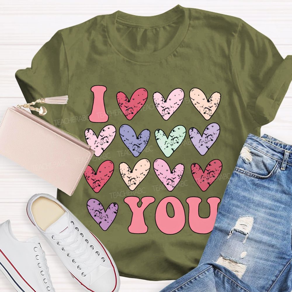 I Love You Colorful Hearts Print T-shirt