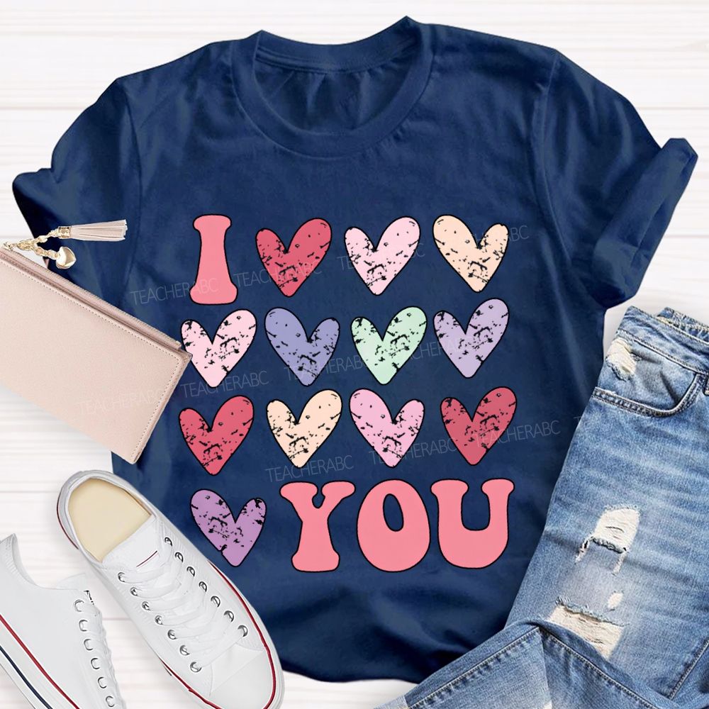 I Love You Colorful Hearts Print T-shirt