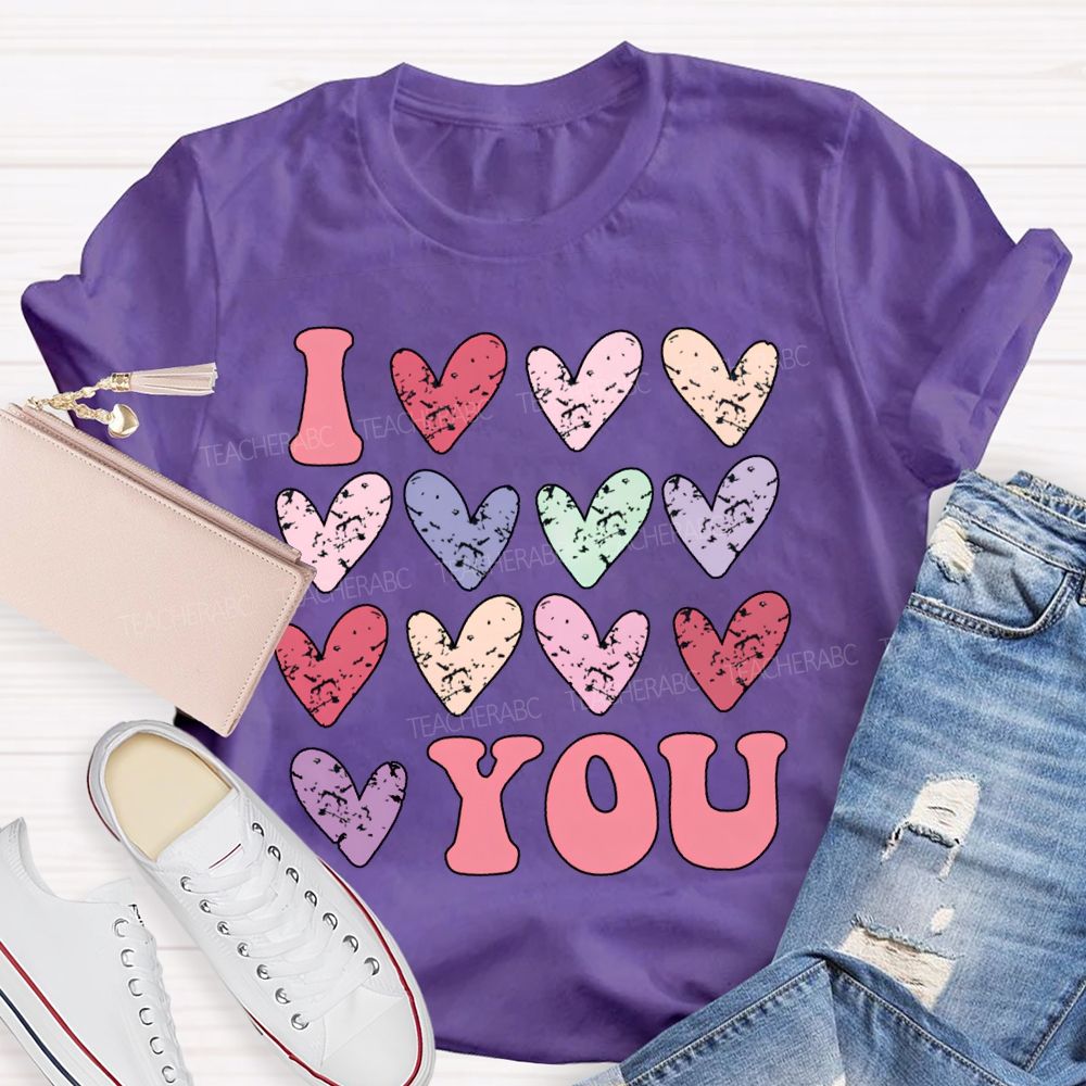 I Love You Colorful Hearts Print T-shirt