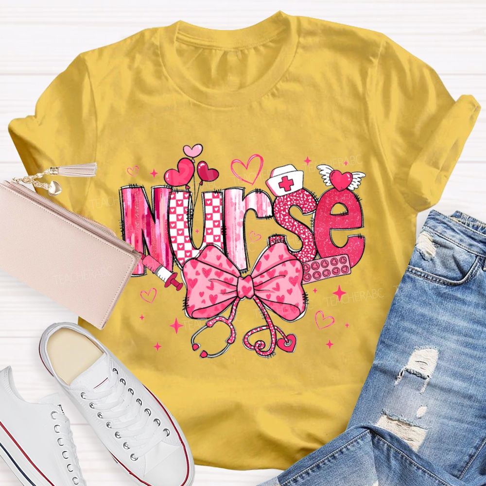 School Nurse Pink Heart Bow T-shirt