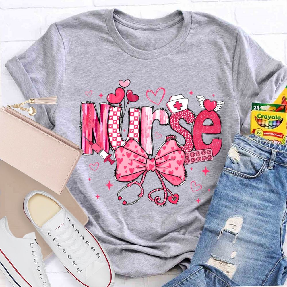School Nurse Pink Heart Bow T-shirt