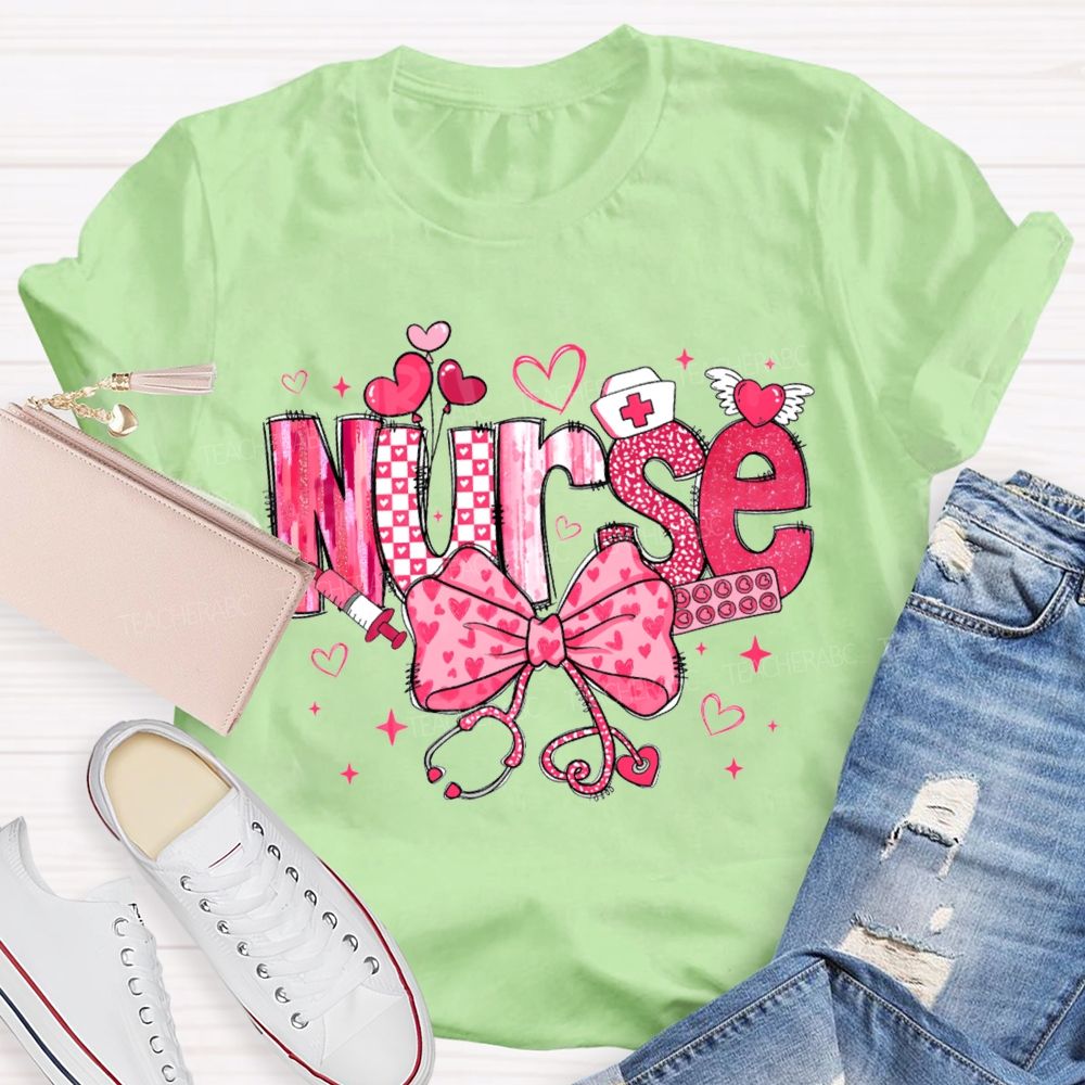 School Nurse Pink Heart Bow T-shirt