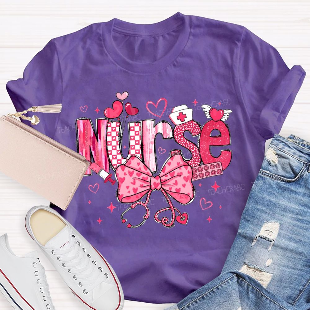 School Nurse Pink Heart Bow T-shirt