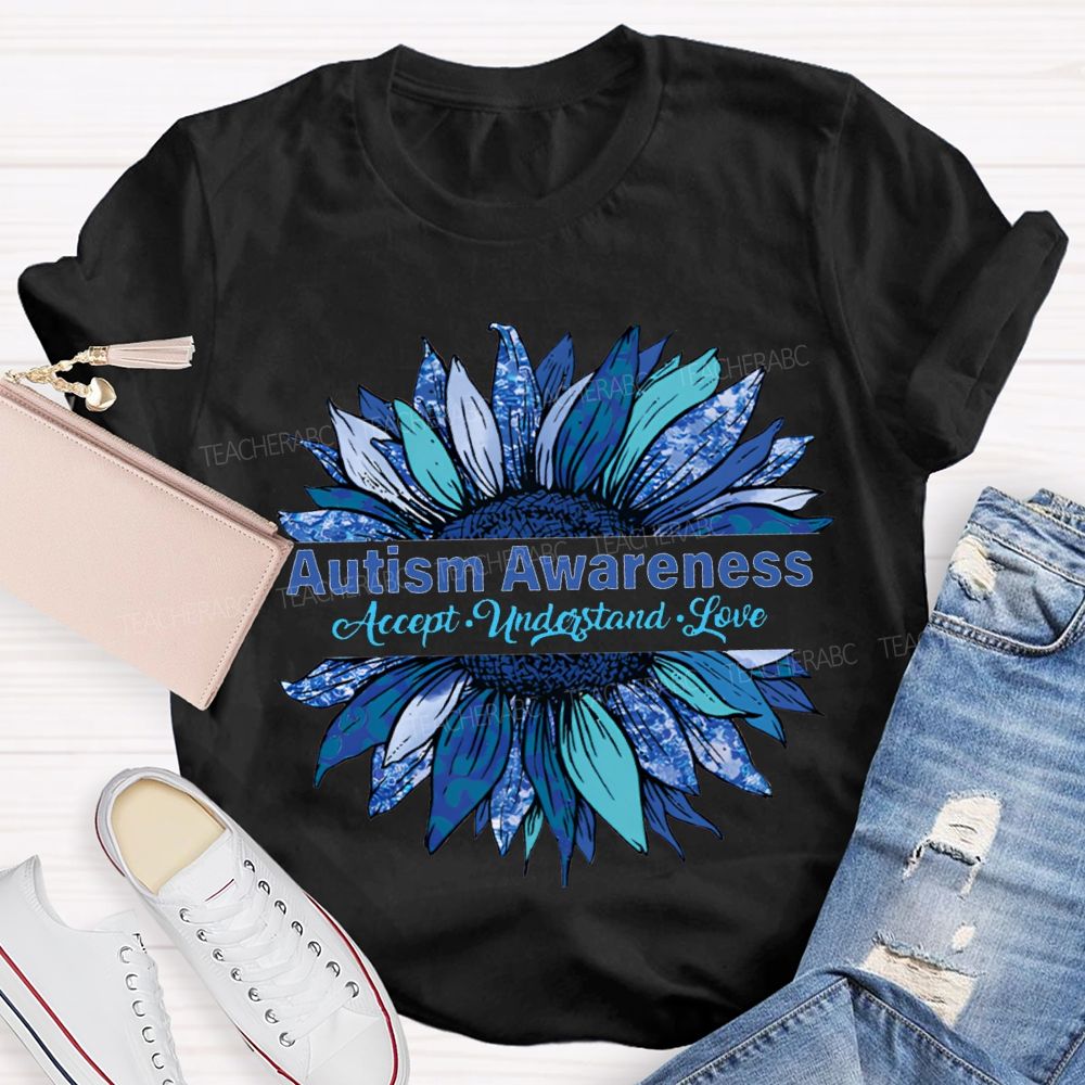 Autism Awareness Accept Understand Love Blue Sunflower T-shirt