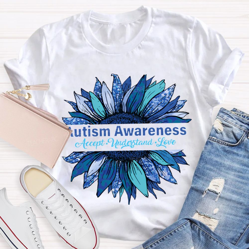 Autism Awareness Accept Understand Love Blue Sunflower T-shirt