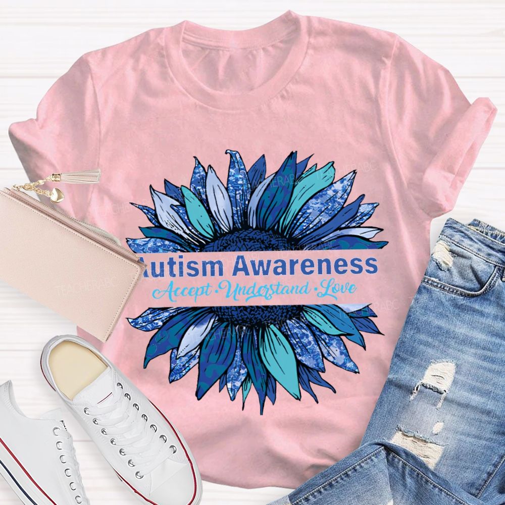 Autism Awareness Accept Understand Love Blue Sunflower T-shirt