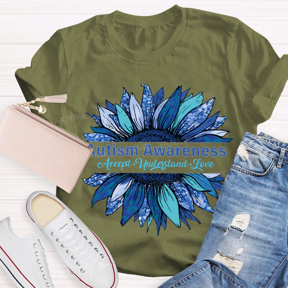 Autism Awareness Accept Understand Love Blue Sunflower T-shirt
