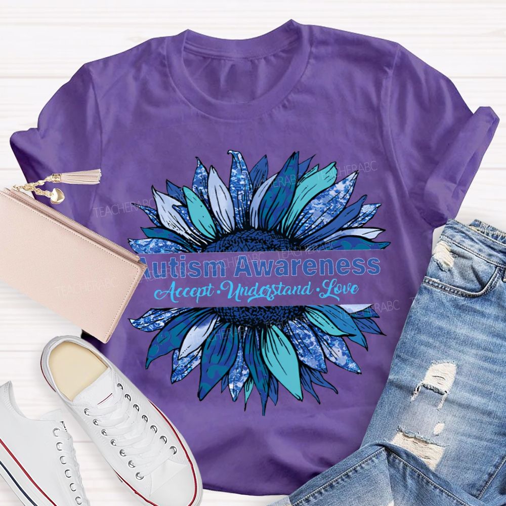 Autism Awareness Accept Understand Love Blue Sunflower T-shirt