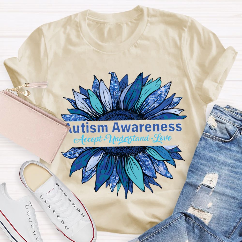 Autism Awareness Accept Understand Love Blue Sunflower T-shirt