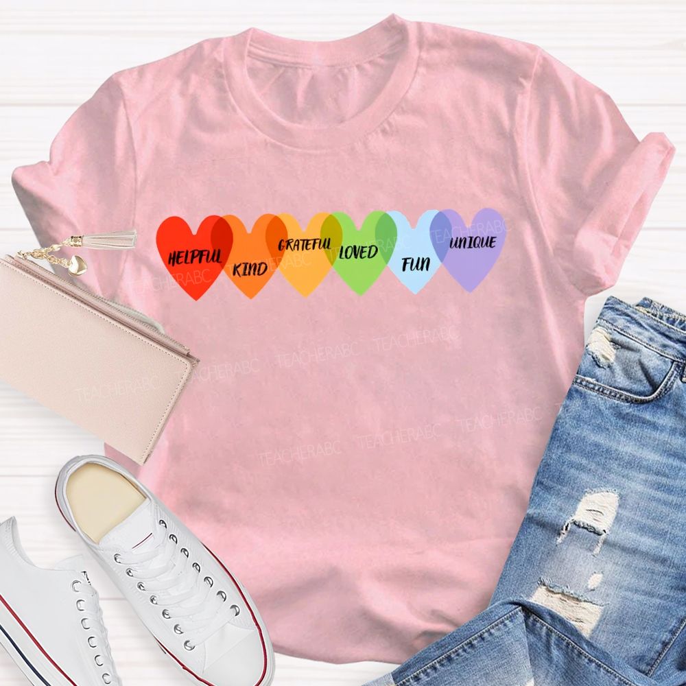 Helpful Kind Grateful Loved Fun Unique Colorful Heart Prints T-shirt