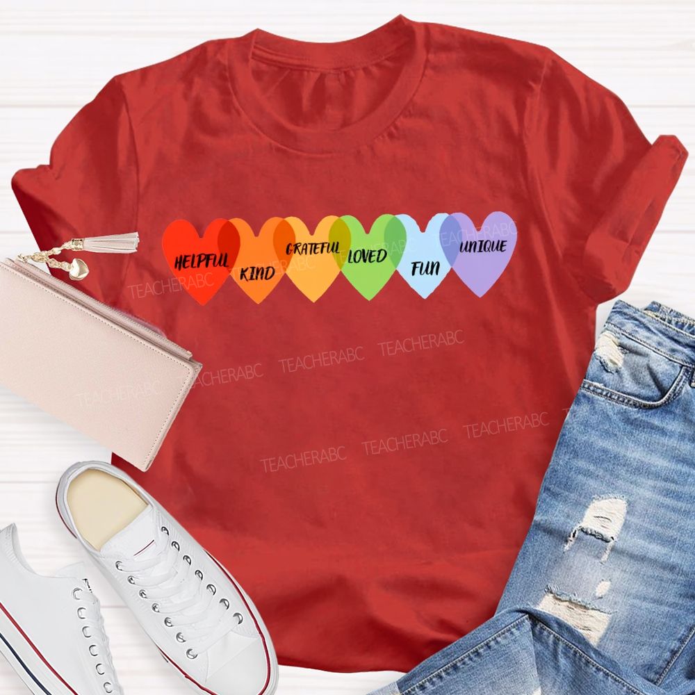 Helpful Kind Grateful Loved Fun Unique Colorful Heart Prints T-shirt