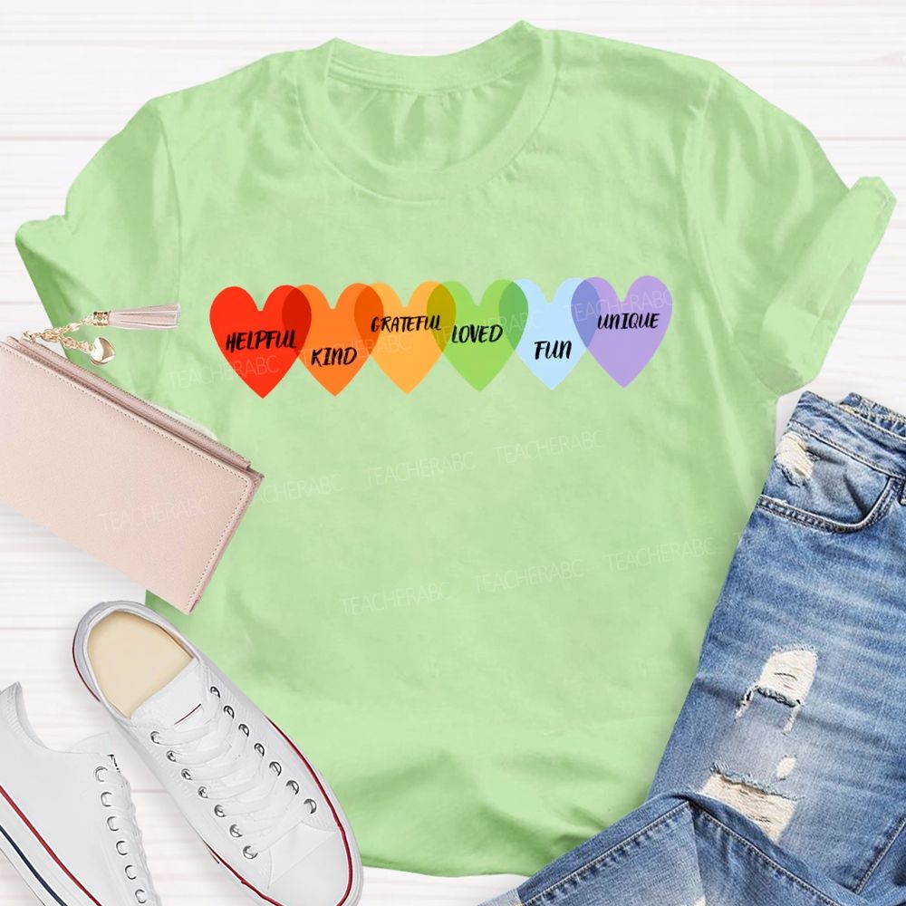 Helpful Kind Grateful Loved Fun Unique Colorful Heart Prints T-shirt