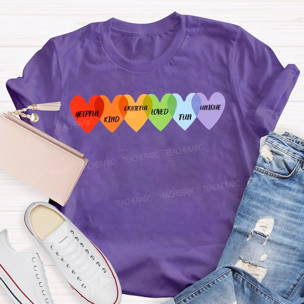 Helpful Kind Grateful Loved Fun Unique Colorful Heart Prints T-shirt