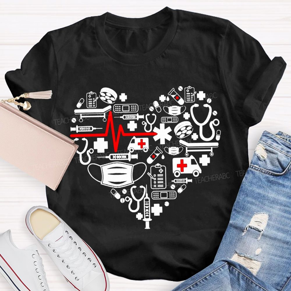 School Nurse Ambulance Face Mask Heart Print T-shirt