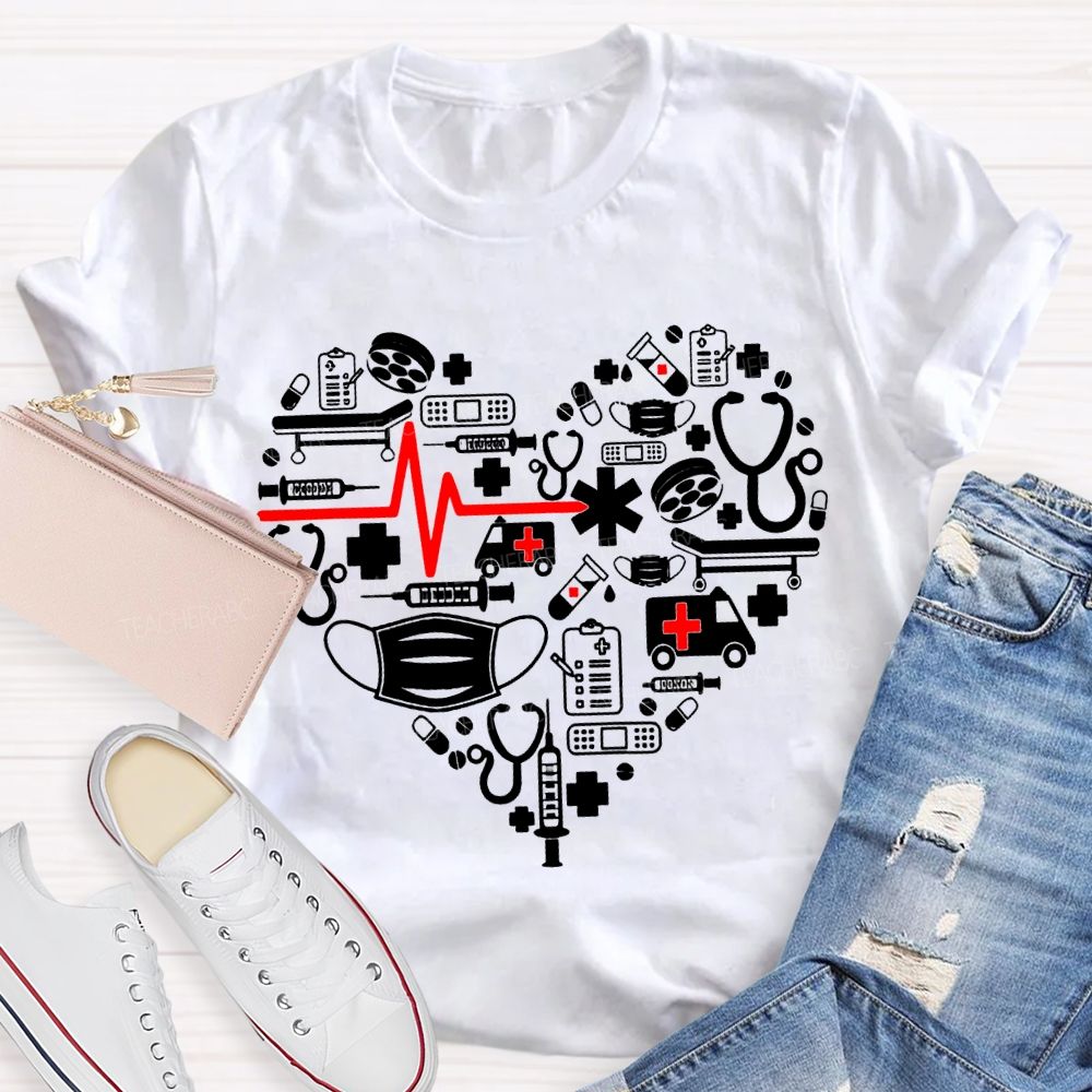 School Nurse Ambulance Face Mask Heart Print T-shirt