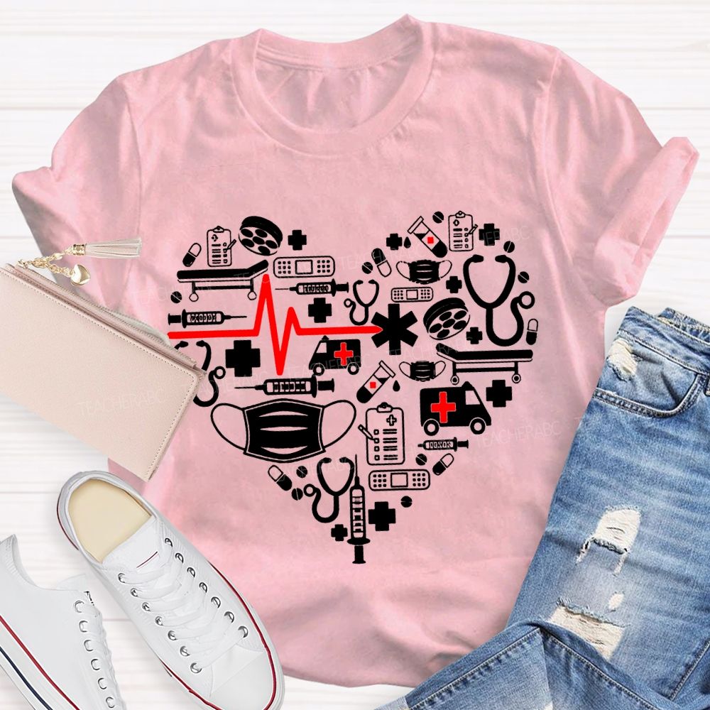 School Nurse Ambulance Face Mask Heart Print T-shirt