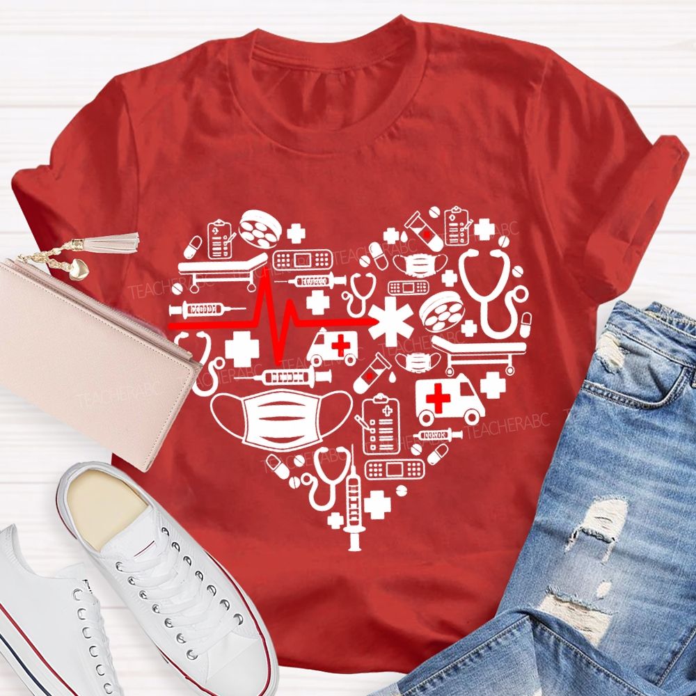 School Nurse Ambulance Face Mask Heart Print T-shirt