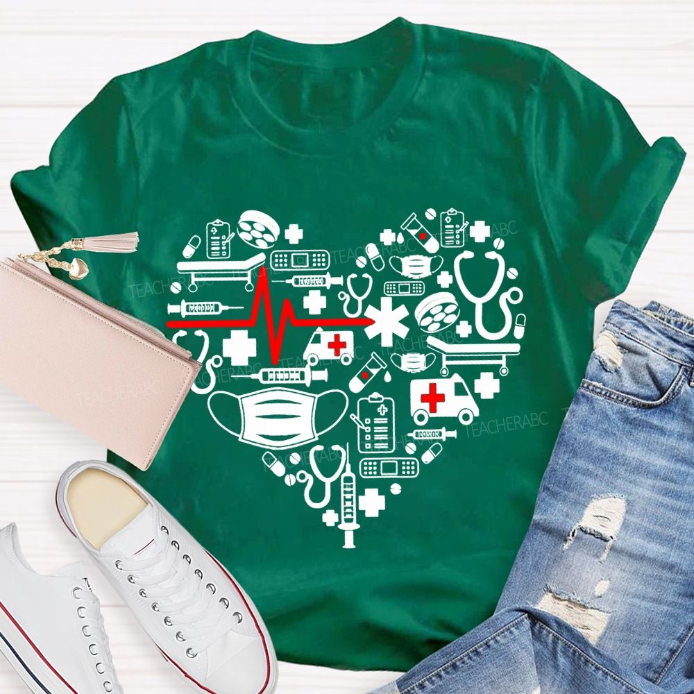 School Nurse Ambulance Face Mask Heart Print T-shirt