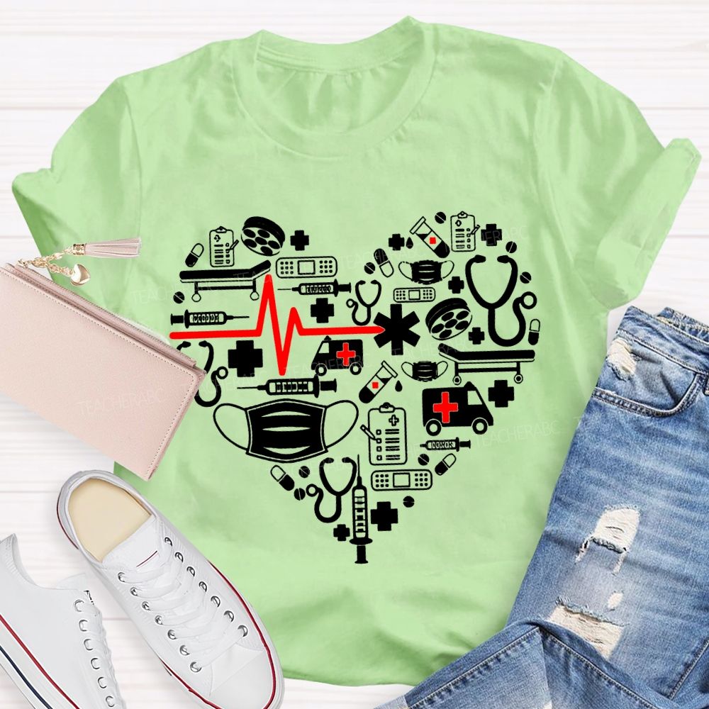 School Nurse Ambulance Face Mask Heart Print T-shirt