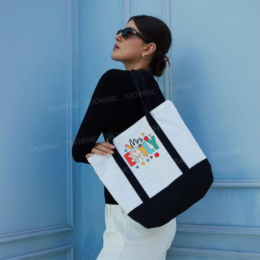 Personalized Name Apple Heart Teachers Daily Color-blocked Canvas Bag