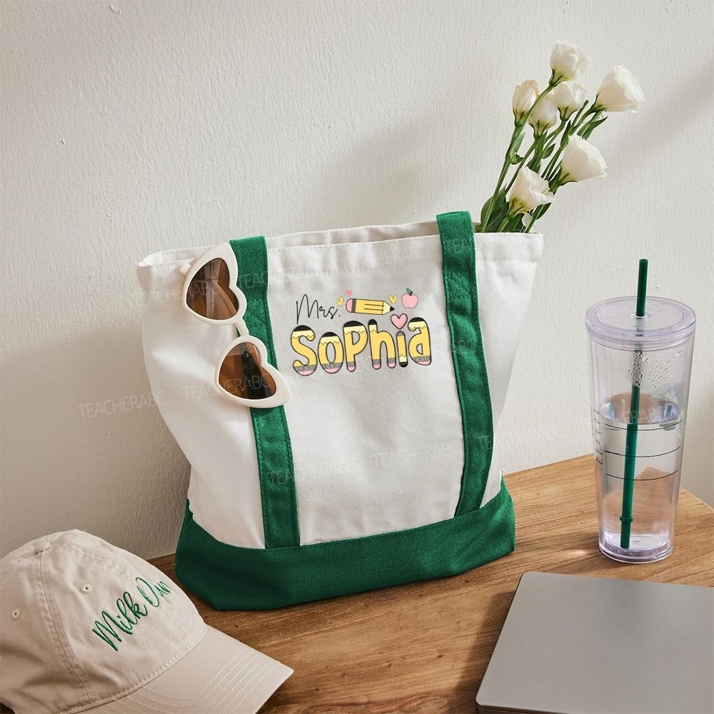 Personalized Name Pencil Pink Apple Daily Color-Blocked Canvas Bag