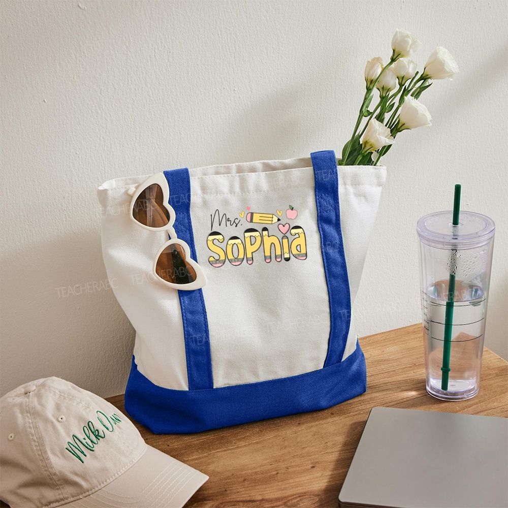 Personalized Name Pencil Pink Apple Daily Color-Blocked Canvas Bag