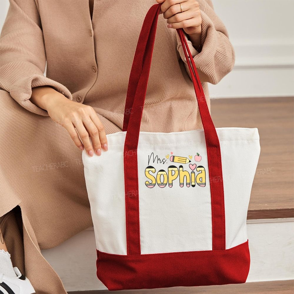 Personalized Name Pencil Pink Apple Daily Color-Blocked Canvas Bag