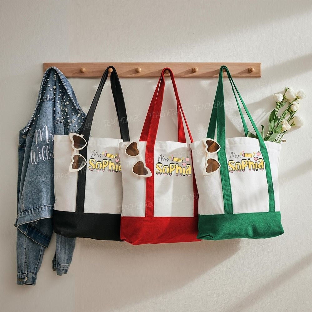 Personalized Name Pencil Pink Apple Daily Color-Blocked Canvas Bag