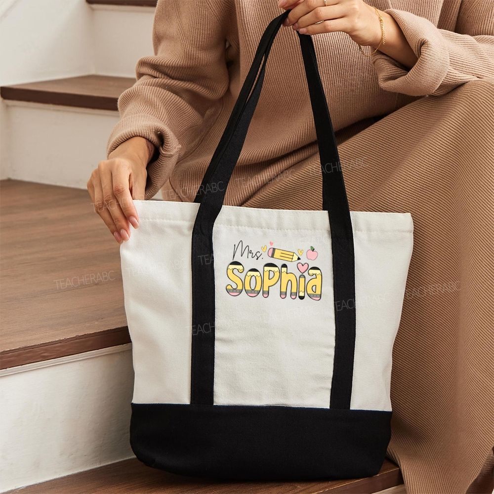 Personalized Name Pencil Pink Apple Daily Color-Blocked Canvas Bag