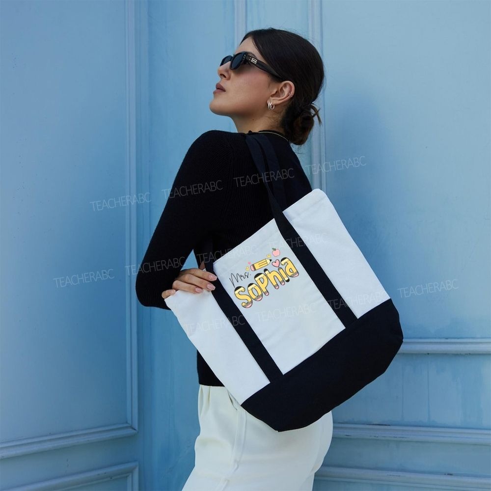 Personalized Name Pencil Pink Apple Daily Color-Blocked Canvas Bag