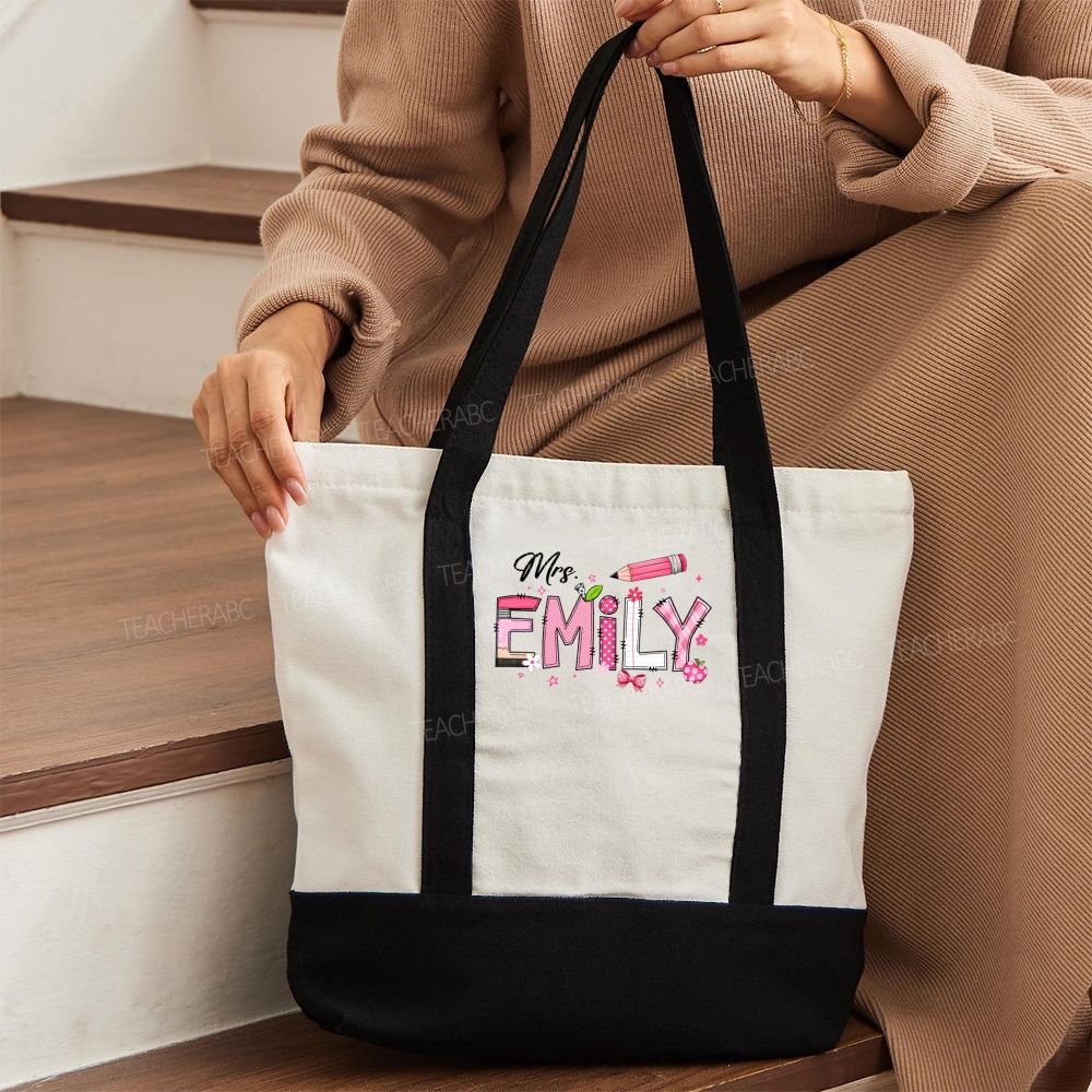 Personalized Name Pink Polka Dot Plaid Design Daily Color-Blocked Canvas Bag