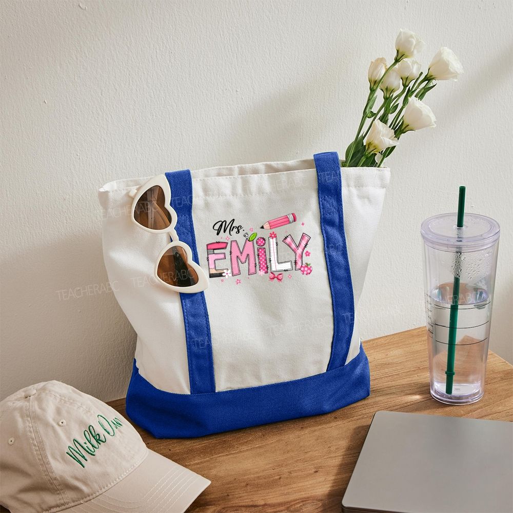 Personalized Name Pink Polka Dot Plaid Design Daily Color-Blocked Canvas Bag