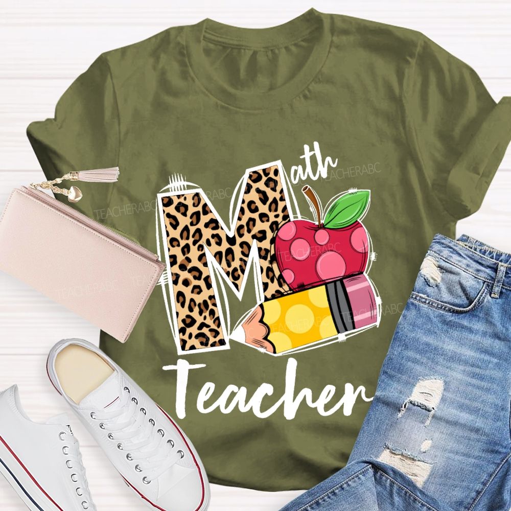 Math Teacher Leopard Print Font And Apple Pencil T-shirt