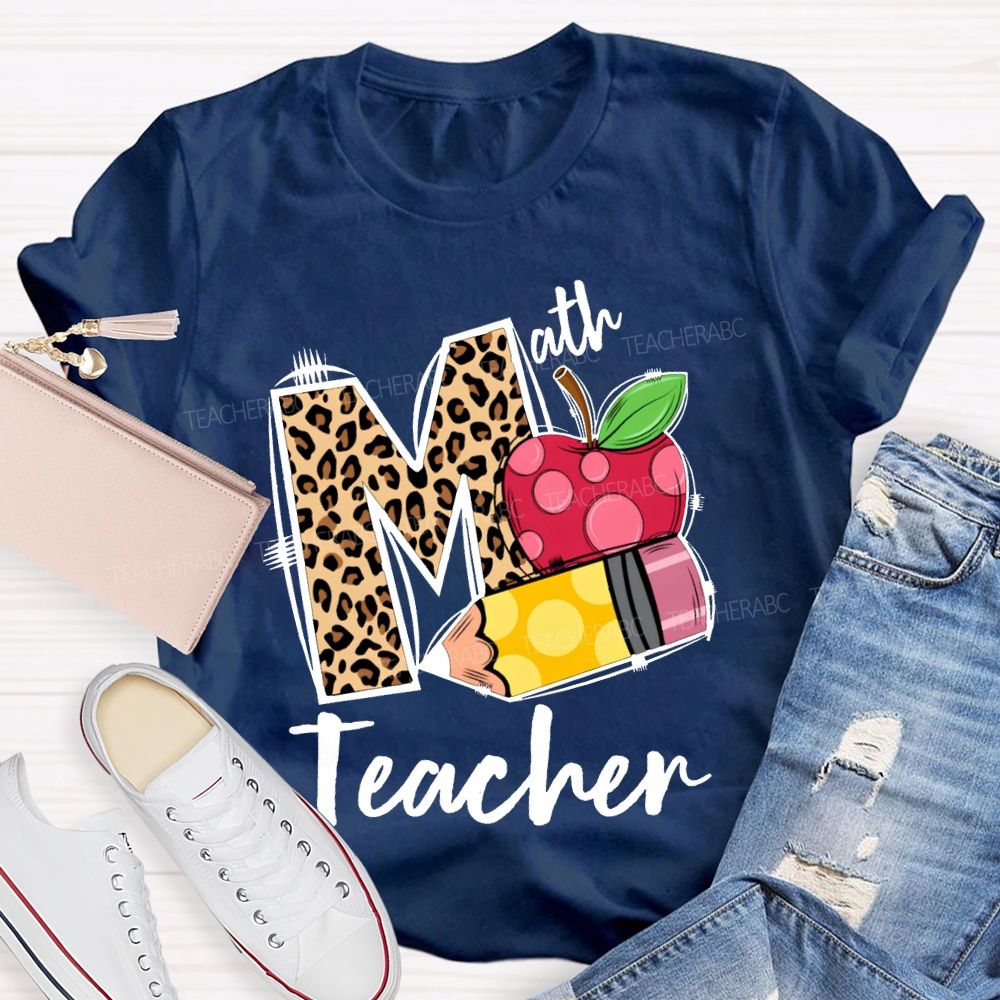 Math Teacher Leopard Print Font And Apple Pencil T-shirt