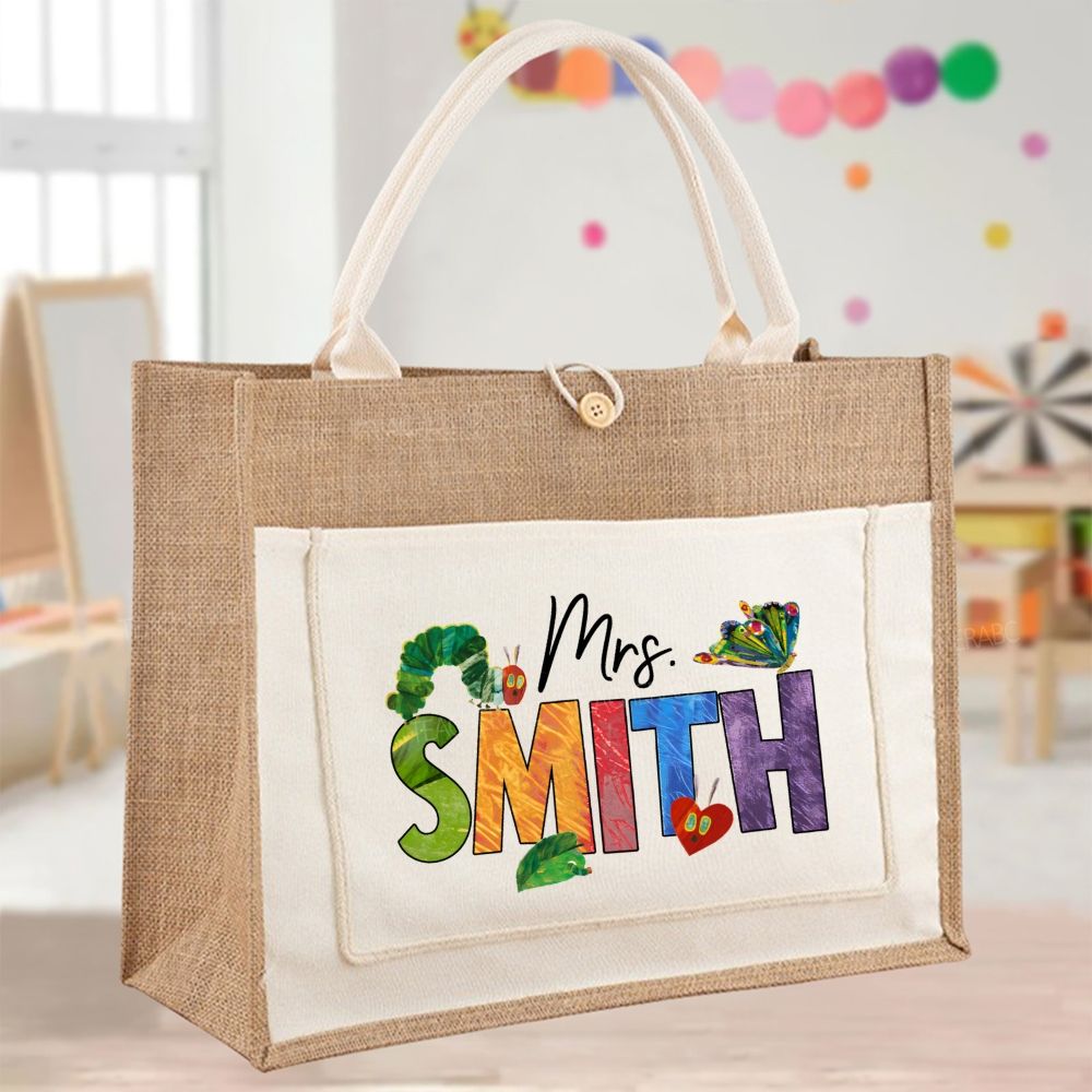 Personalized name Hungry Caterpillar Color-Blocking Tote Bag