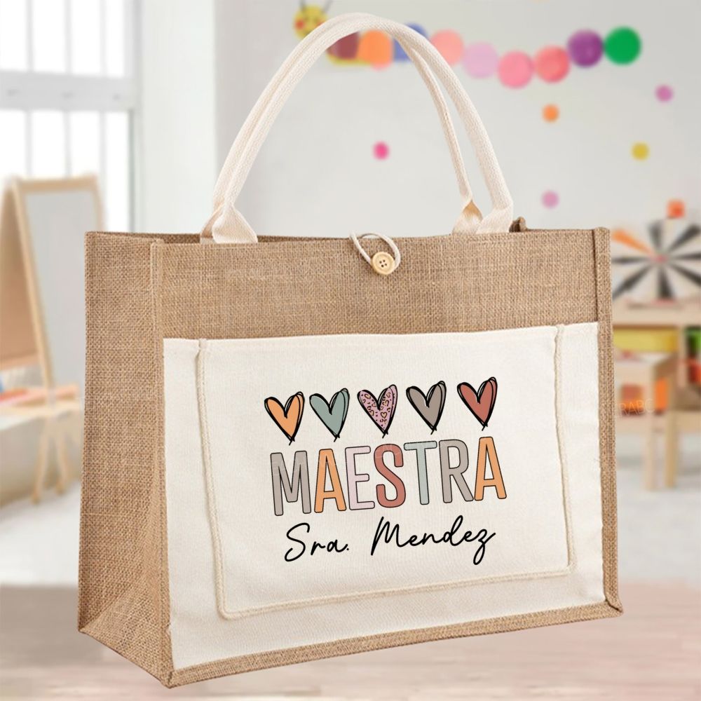 Personalized name Maestra Colorful Heart Color-Blocking Tote Bag