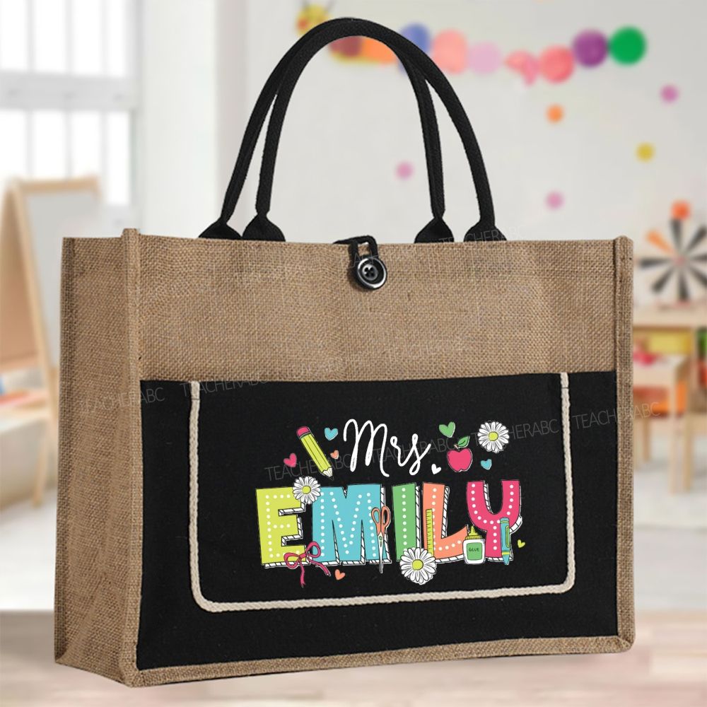 Personalized Name Colorful Dot Printed Color-Blocking Teacher Tote Bag