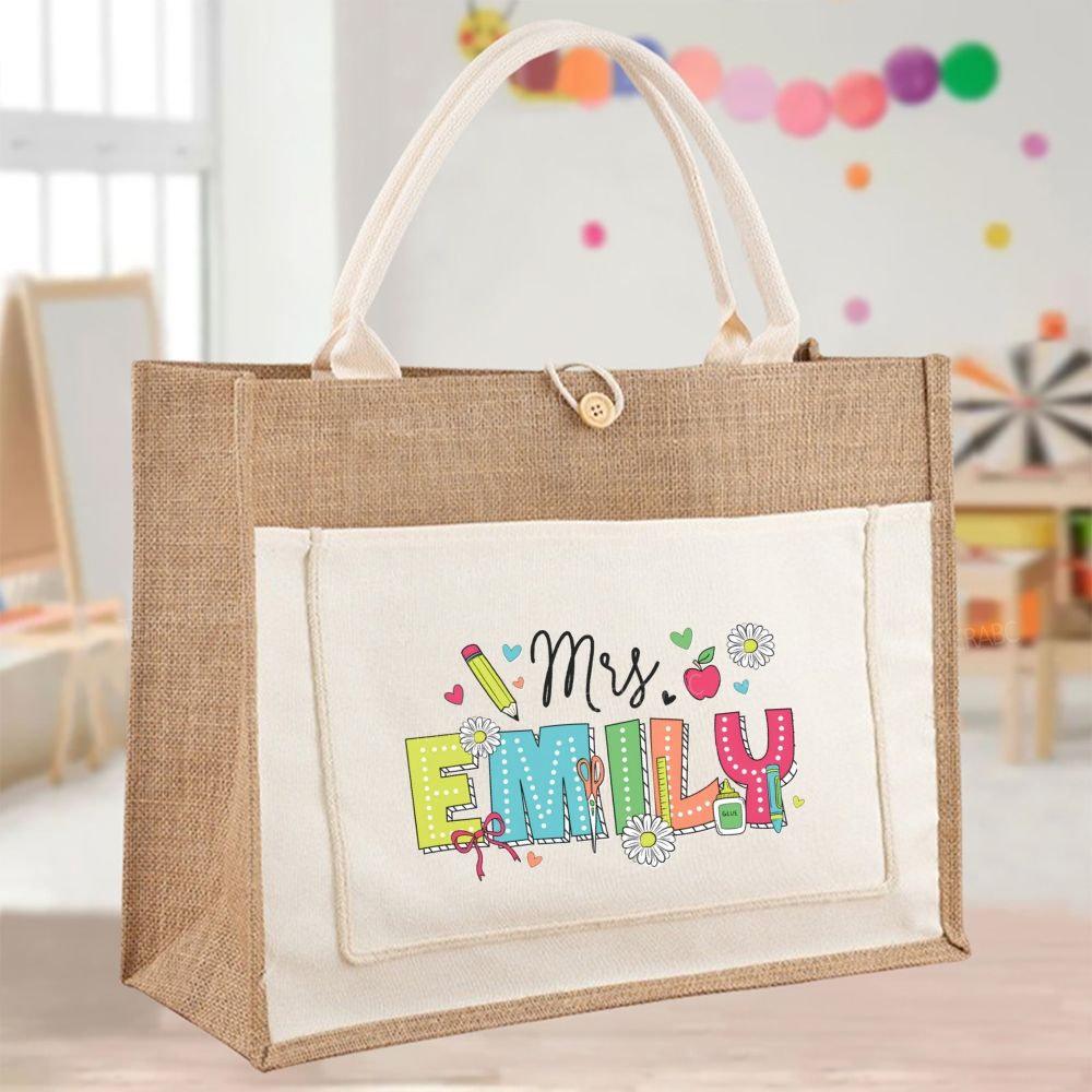 Personalized Name Colorful Dot Printed Color-Blocking Teacher Tote Bag