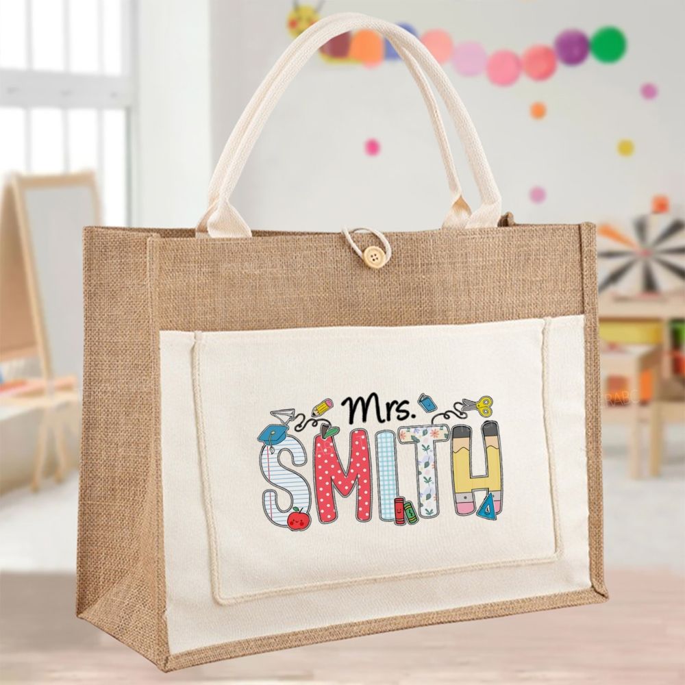 Personalized Name Strip Dot Color-Blocking Teacher Tote Bag