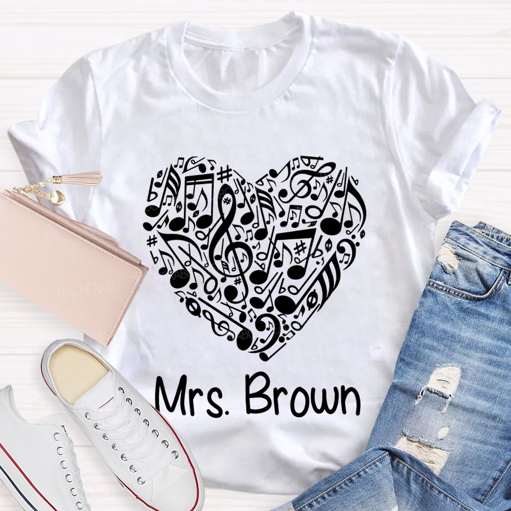 Personalized Name Music Teacher Heart-Shaped Musical Notes T-shirt