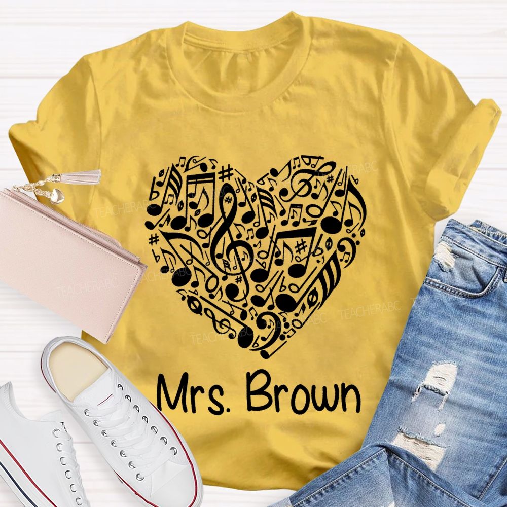 Personalized Name Music Teacher Heart-Shaped Musical Notes T-shirt