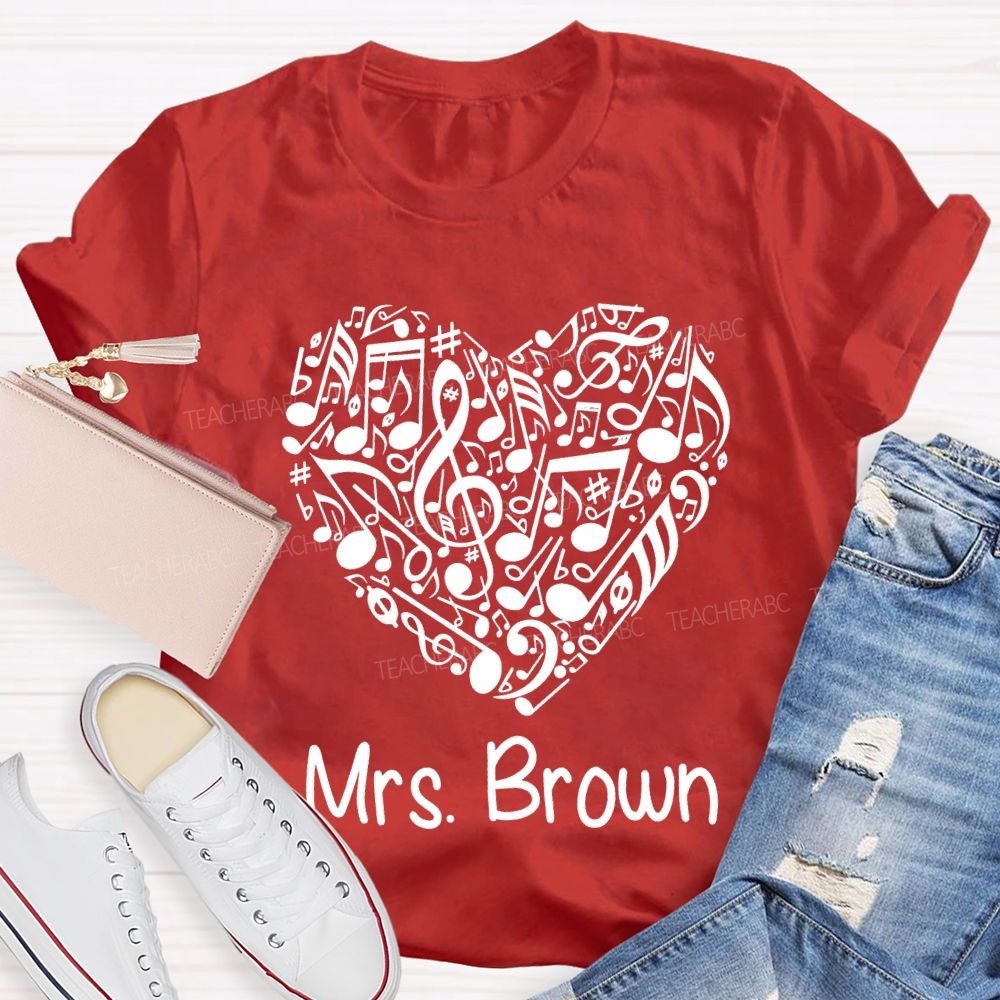 Personalized Name Music Teacher Heart-Shaped Musical Notes T-shirt