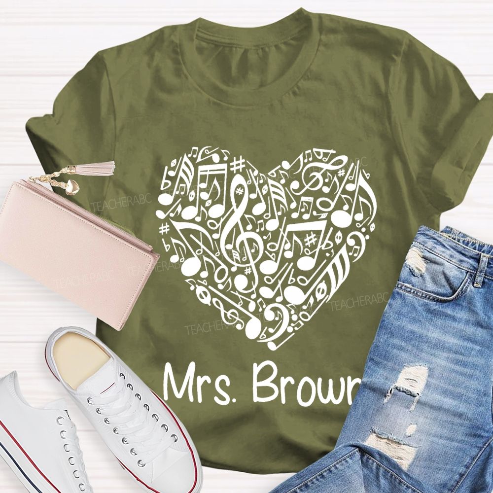 Personalized Name Music Teacher Heart-Shaped Musical Notes T-shirt