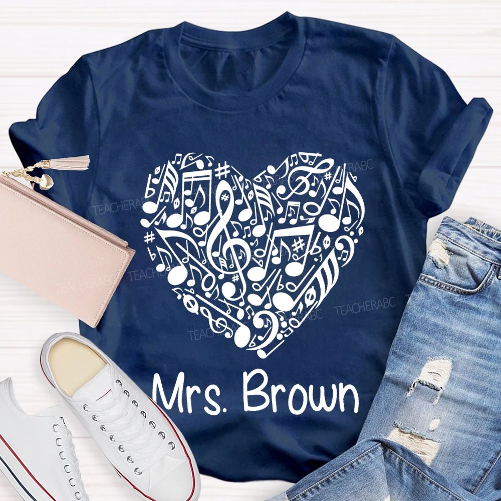 Personalized Name Music Teacher Heart-Shaped Musical Notes T-shirt