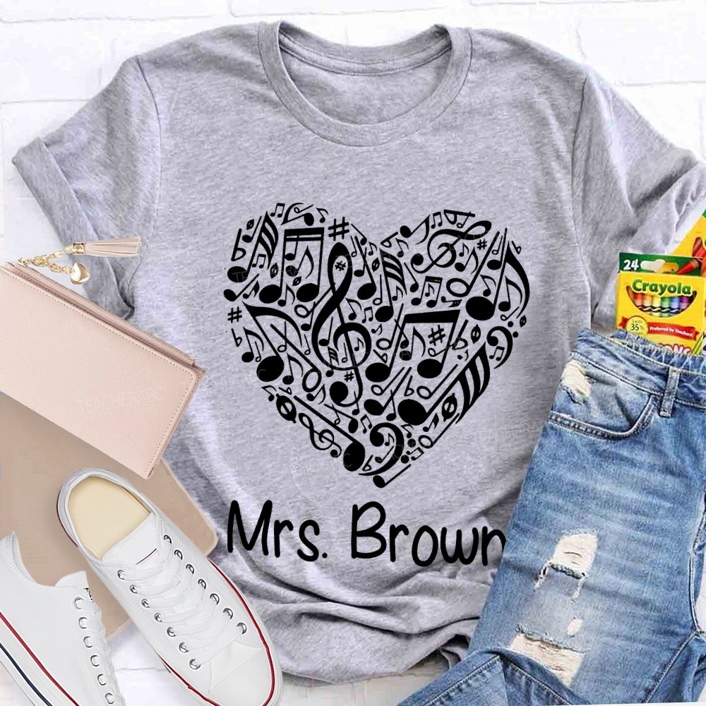 Personalized Name Music Teacher Heart-Shaped Musical Notes T-shirt