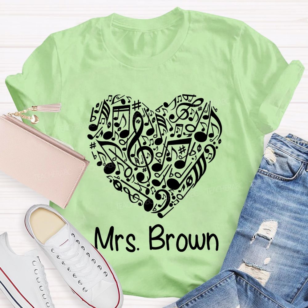 Personalized Name Music Teacher Heart-Shaped Musical Notes T-shirt