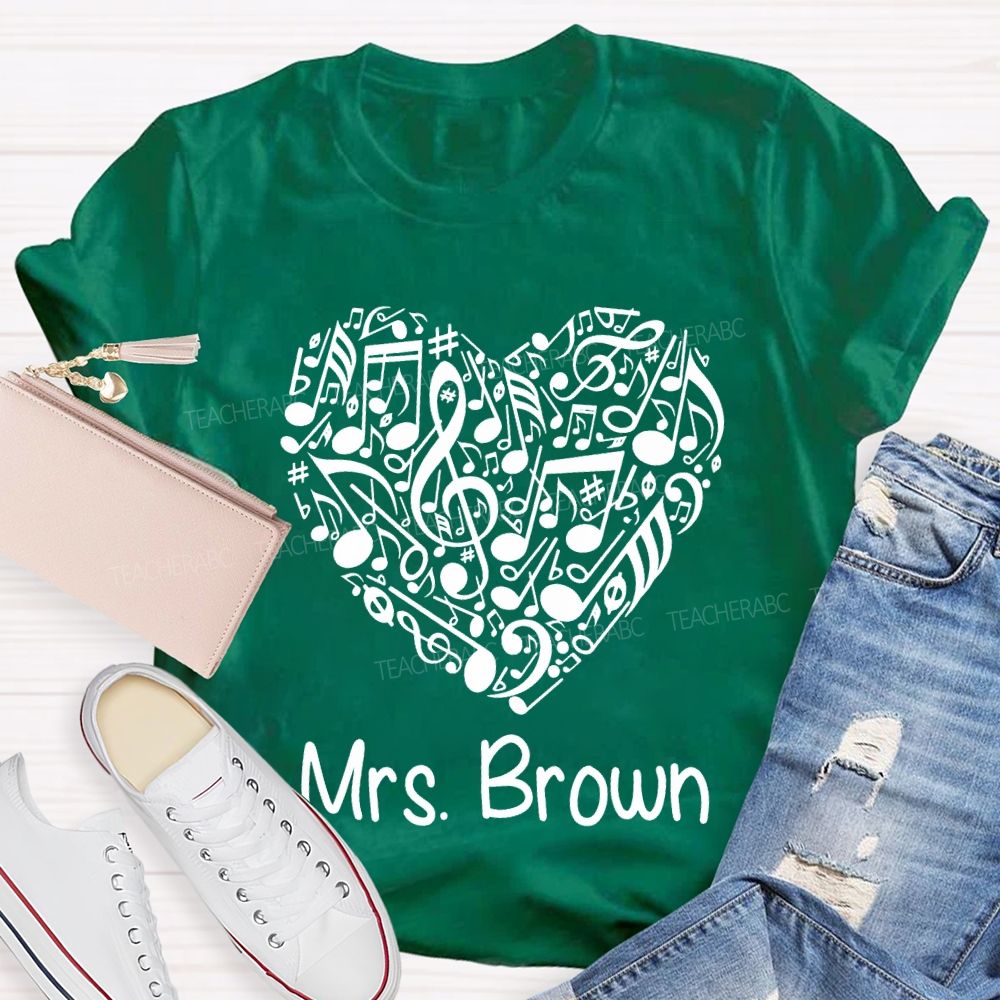 Personalized Name Music Teacher Heart-Shaped Musical Notes T-shirt